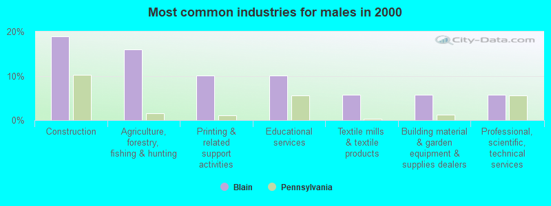 Most common industries for males in 2000