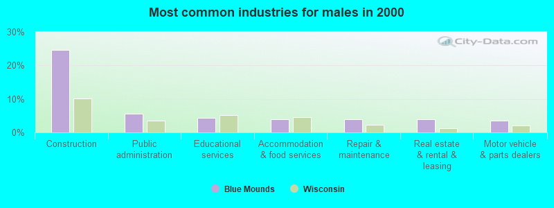 Most common industries for males in 2000