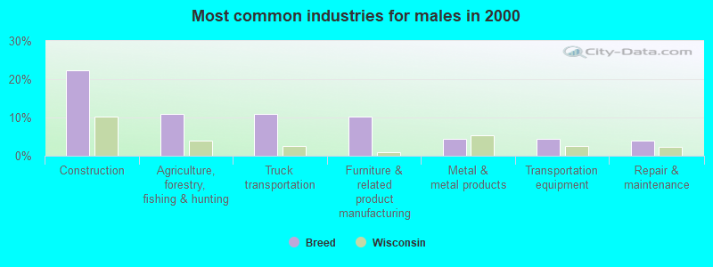 Most common industries for males in 2000