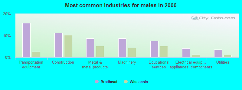 Most common industries for males in 2000