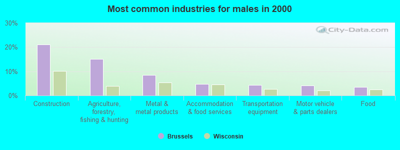 Most common industries for males in 2000