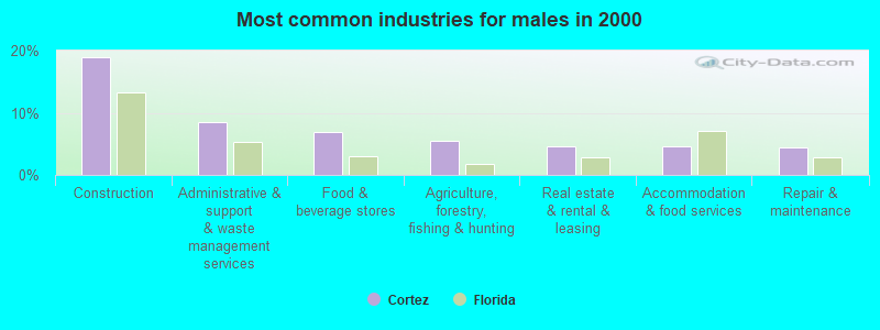 Most common industries for males in 2000