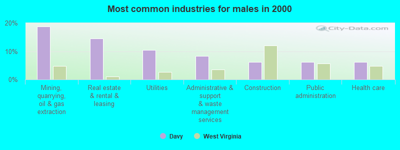 Most common industries for males in 2000