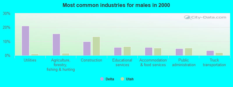 Most common industries for males in 2000