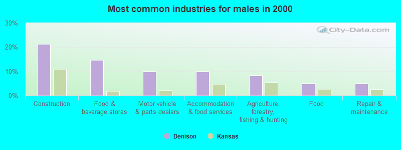 Most common industries for males in 2000