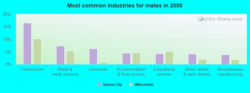 Most common industries for males in 2000