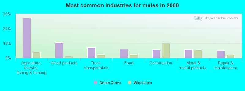 Most common industries for males in 2000