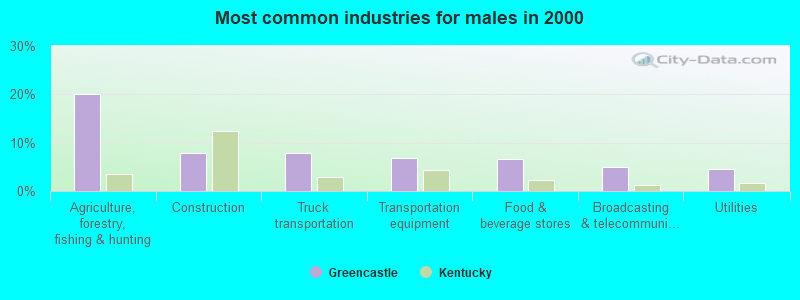 Most common industries for males in 2000