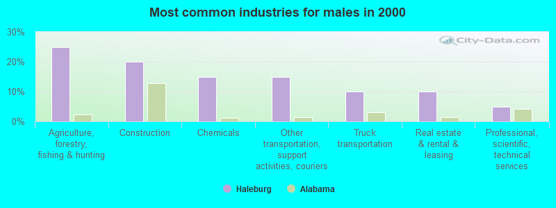 Most common industries for males in 2000