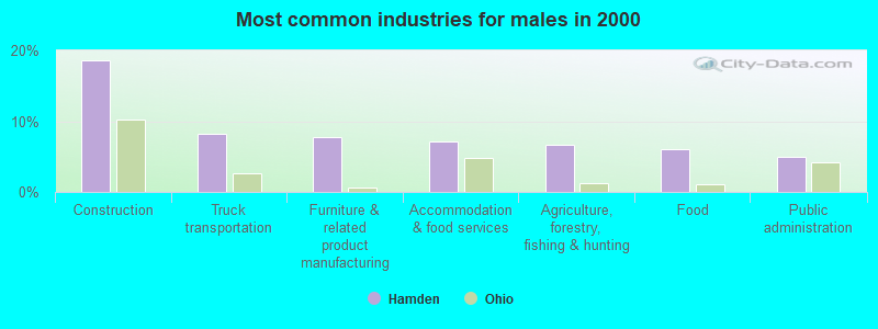 Most common industries for males in 2000