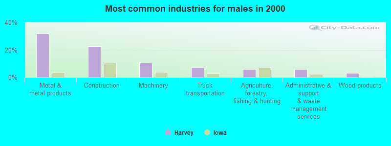 Most common industries for males in 2000