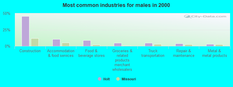 Most common industries for males in 2000