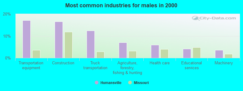 Most common industries for males in 2000