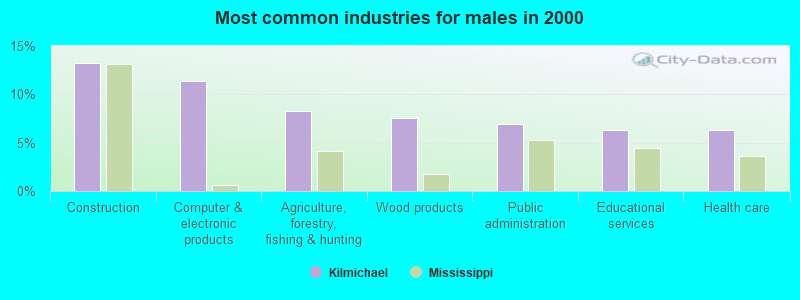 Most common industries for males in 2000