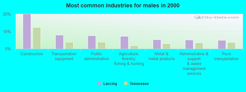 Most common industries for males in 2000