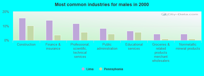 Most common industries for males in 2000