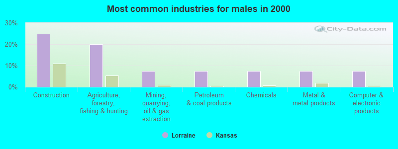 Most common industries for males in 2000