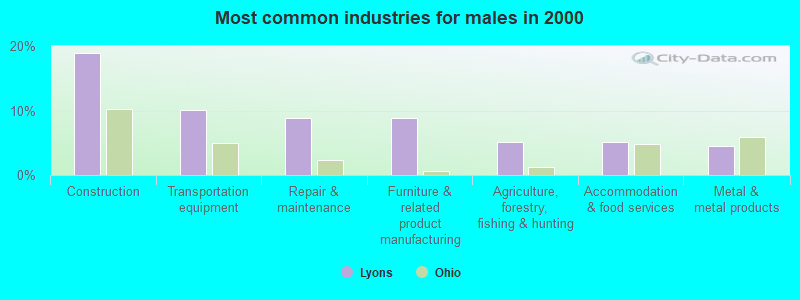 Most common industries for males in 2000