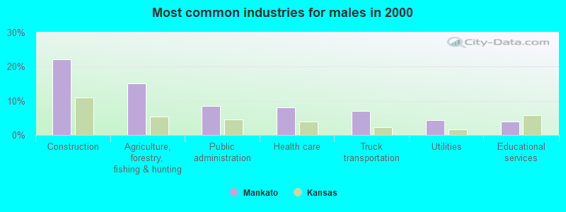 Most common industries for males in 2000