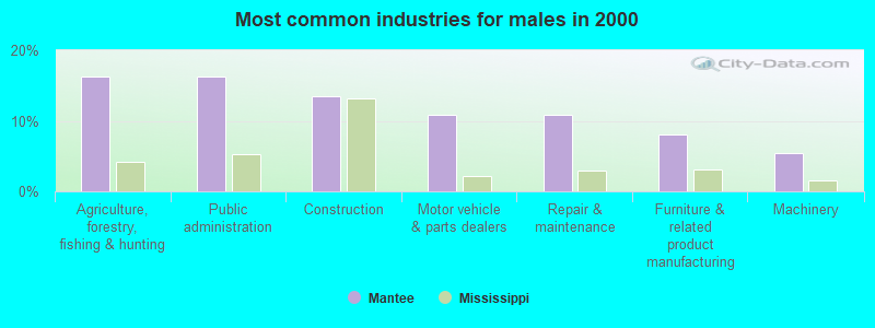 Most common industries for males in 2000