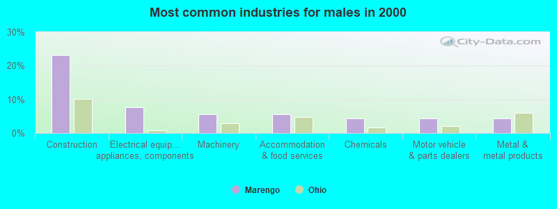 Most common industries for males in 2000