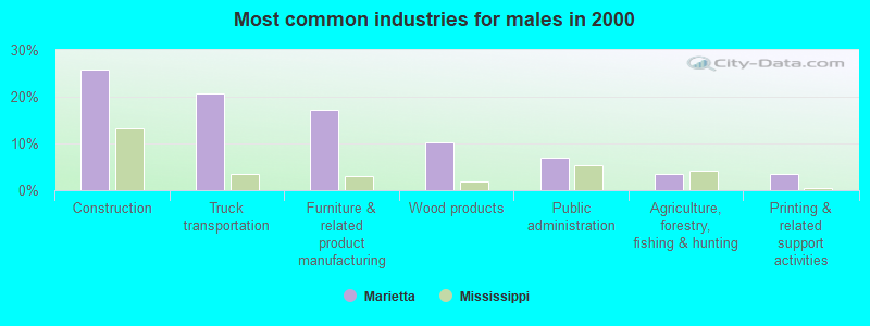 Most common industries for males in 2000