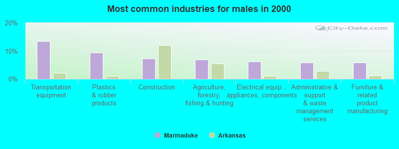 Most common industries for males in 2000