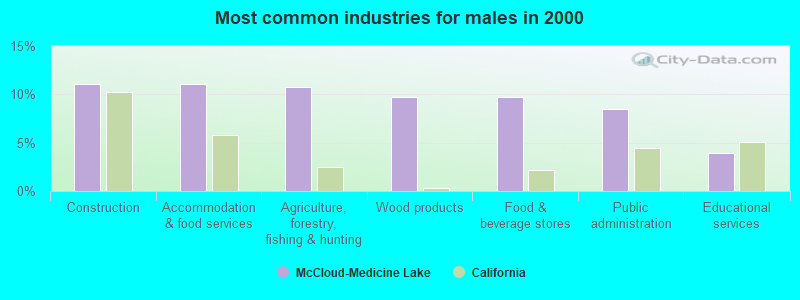 Most common industries for males in 2000