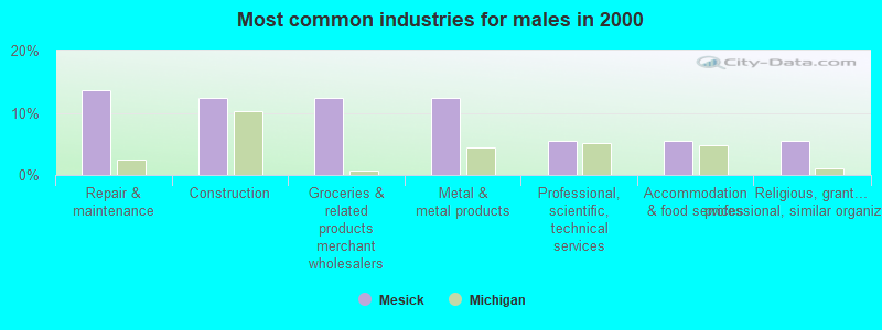 Most common industries for males in 2000