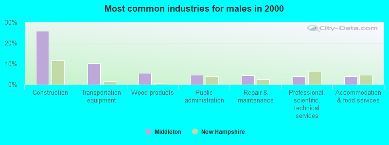 Most common industries for males in 2000