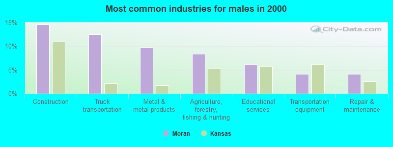 Most common industries for males in 2000