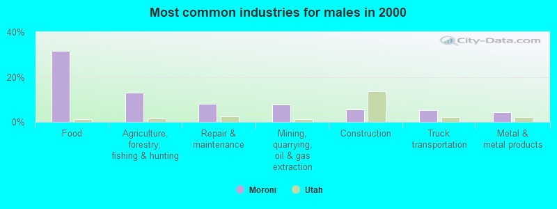 Most common industries for males in 2000