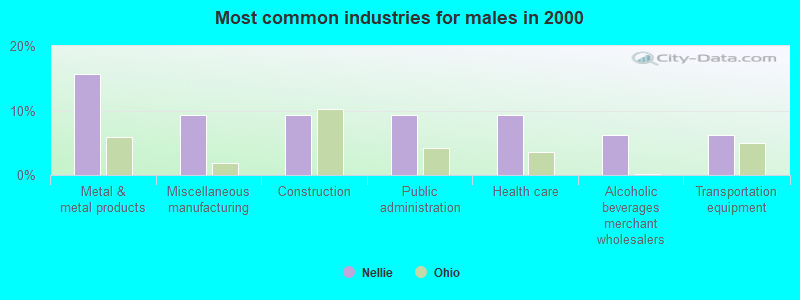 Most common industries for males in 2000