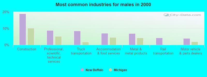 Most common industries for males in 2000