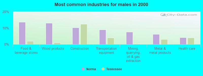 Most common industries for males in 2000