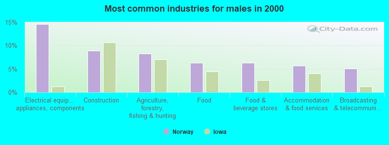 Most common industries for males in 2000