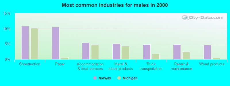 Most common industries for males in 2000