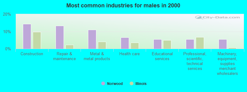 Most common industries for males in 2000