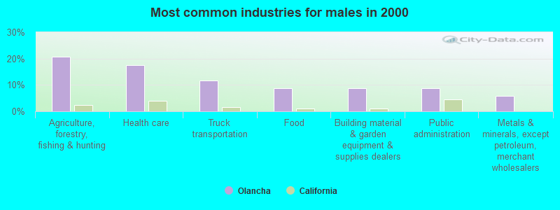 Most common industries for males in 2000