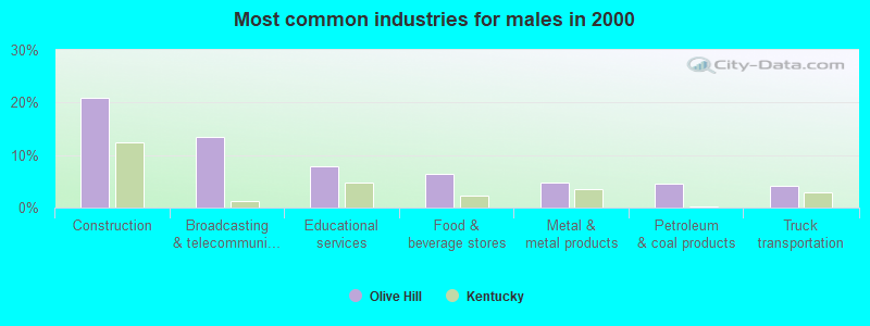 Most common industries for males in 2000