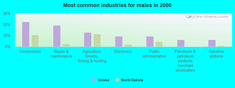 Most common industries for males in 2000