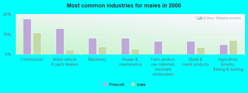 Most common industries for males in 2000