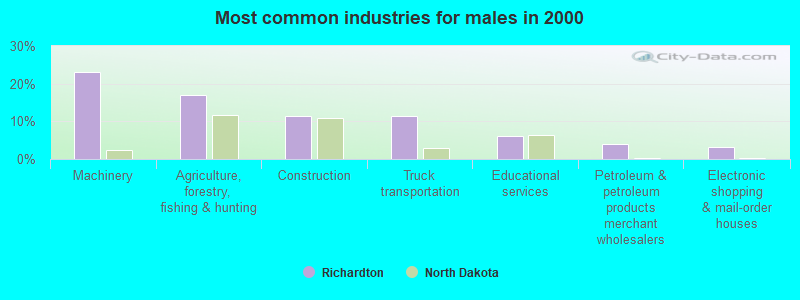 Most common industries for males in 2000