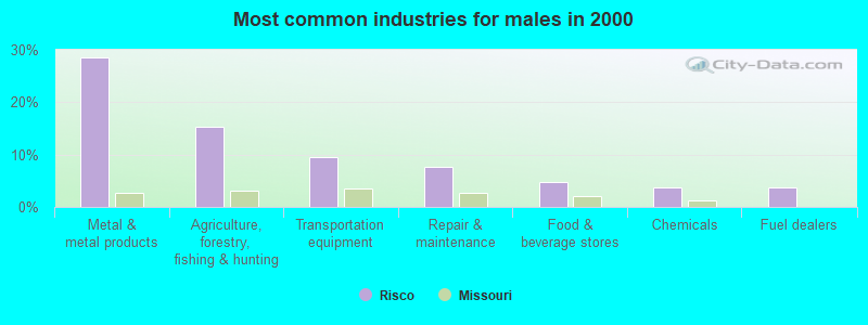 Most common industries for males in 2000