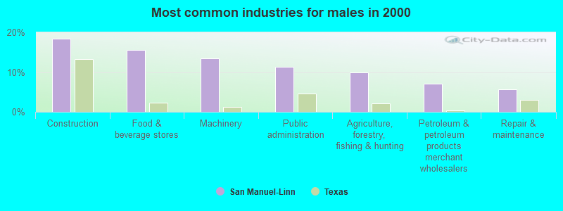 Most common industries for males in 2000