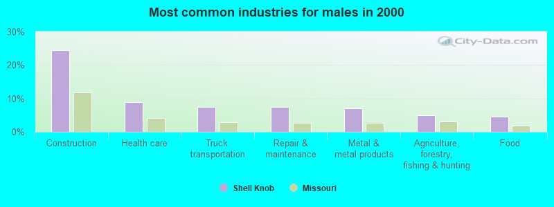 Most common industries for males in 2000