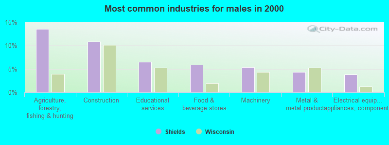 Most common industries for males in 2000