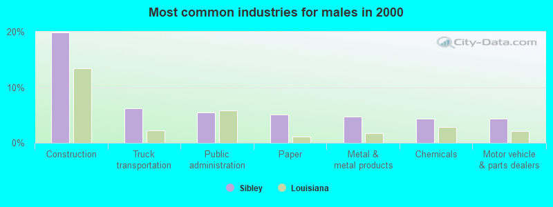 Most common industries for males in 2000