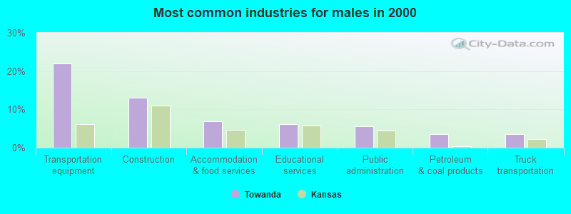 Most common industries for males in 2000