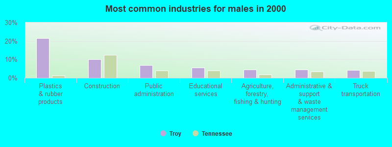 Most common industries for males in 2000